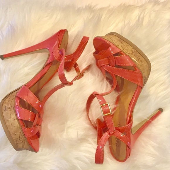 Peach Paprika 5" Patent Open Toe Strap Heels - Picture 5 of 5